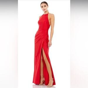 Ieena For Mac Duggal Sleeveless Halter Pleated Open Back Maxi Gown 26623